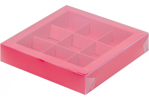 Коробка на 9 конфет с окном 135х135х30 красный металлик фото
