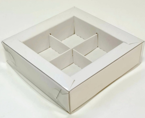 Коробка на 4 конфеты с прозрачной крышкой 115х115х30 белый фото