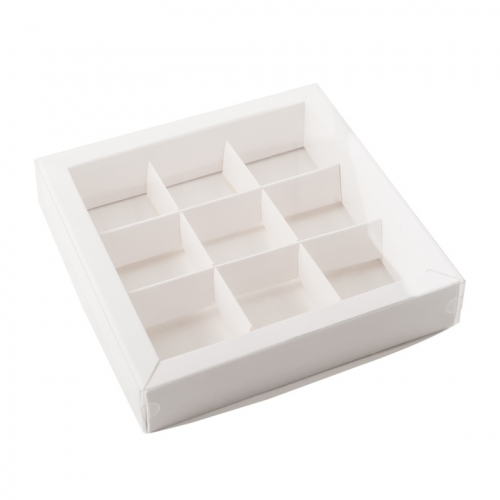 Коробка на 9 конфет с окном 135х135х30 белый фото