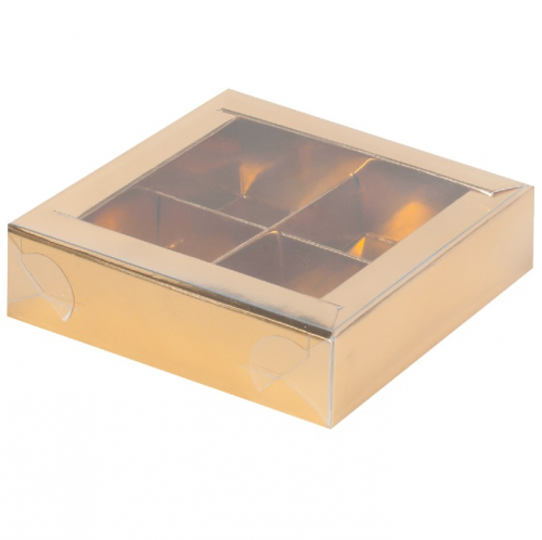 Коробка на 4 конфеты с прозрачной крышкой 115х115х30 золото фото