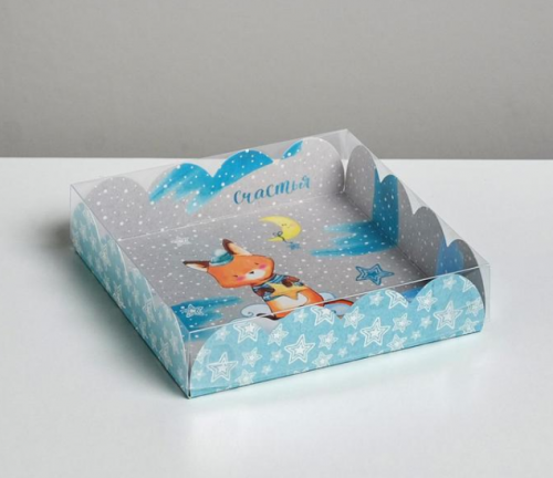 Коробка для кондитерских изделий с PVC крышкой "Зимнего счастья", 13х13х3см фото
