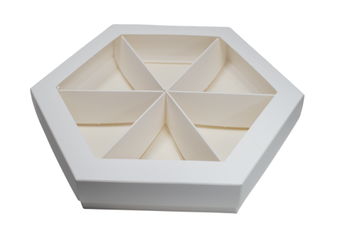Коробка для сладостей шестигранная 200х200х35 белая фото Коробка для сладостей шестигранная 200х200х35 белая фото