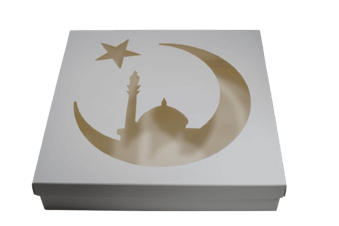 Коробка для сладостей праздничная на Рамадан 200х200х40 белая фото Коробка для сладостей праздничная на Рамадан 200х200х40 белая фото